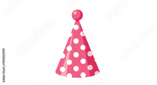 Pink conical party hat with white polka dots and a small ball on top for birthday celebrations, events, and festive occasions for children.