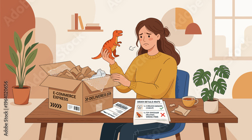 Sad woman receives wrong product from online store delivery