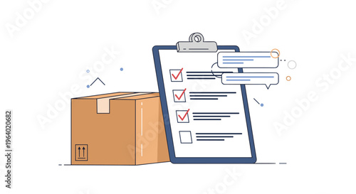 Logistics and delivery management concept featuring a cardboard box and a clipboard with completed tasks and checkmarks.