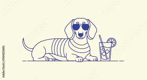 Cool dachshund dog wearing sunglasses with a refreshing drink.