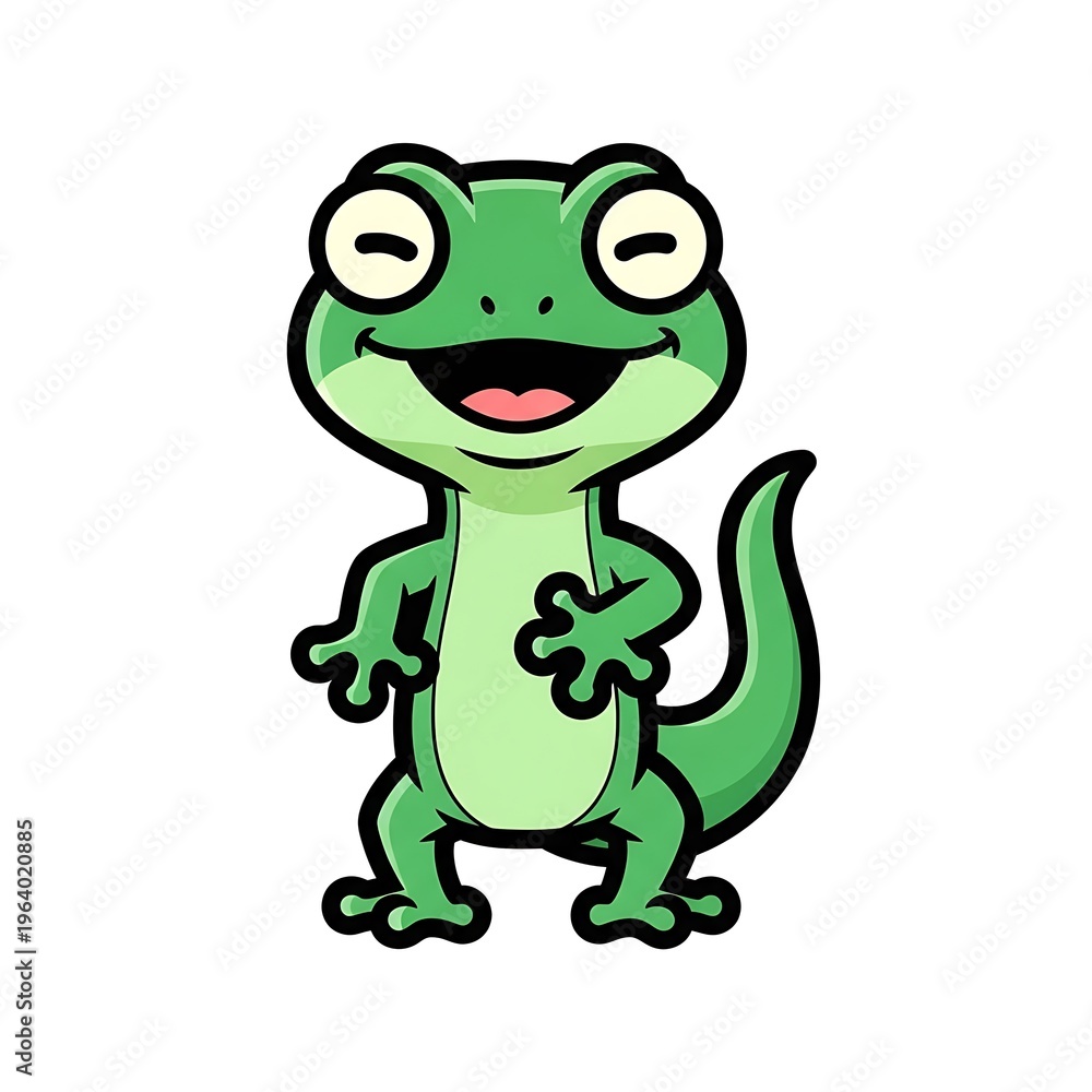 Fototapeta premium Cartoon green lizard character smiling.