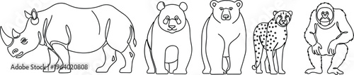 Wild animals outline vector set featuring rhinoceros bears cheetah and gorilla minimal line art illustration collection