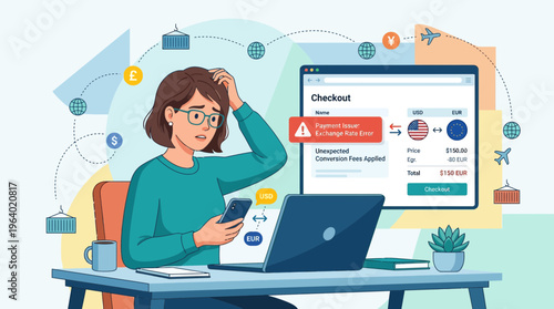 Woman Frustrated by Currency Exchange Rate Error During Checkout