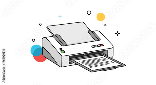 Modern desktop printer outputting a document on a white background with abstract colorful shapes and geometric elements.