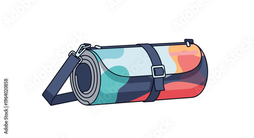 Rolled colorful patterned yoga mat with a carrying strap designed for fitness exercise and mindfulness meditation sessions.