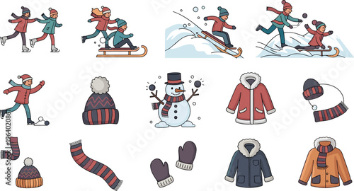 Winter activities and clothing collection with kids playing snowman sledding scarves hats jackets vector illustration set