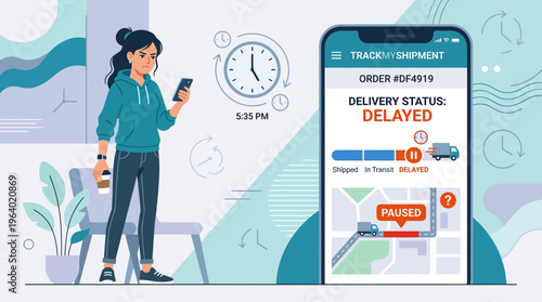 Frustrated woman tracking delayed package delivery on smartphone