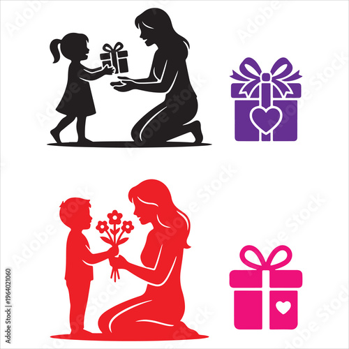 A graphic collection featuring silhouettes of mothers receiving gifts and flowers from children Vector