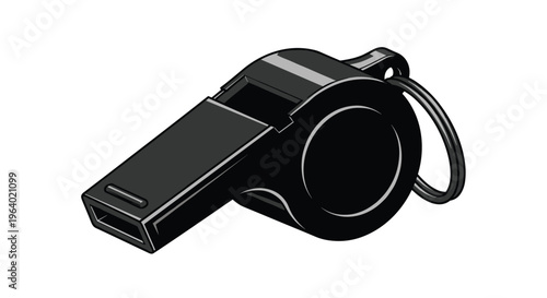 Classic black plastic whistle with a metal key ring used for sports activities coaching and safety signaling purposes.