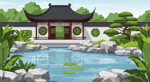 Serene Oriental Garden Pond with Traditional Architecture A Beautiful Vector Illustration of Nature and Culture