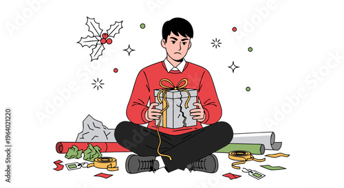 Vector illustration of a frustrated person struggling to wrap a Christmas gift, with wrapping paper and tape scattered around, symbolizing holiday stress and gift-giving challenges
