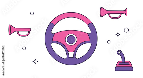 Car control icons including a steering wheel gear shifter and horns in a playful pink and purple color scheme.