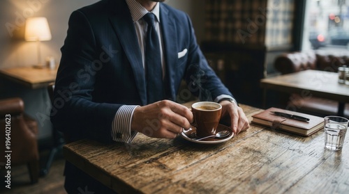 Close Up Of  Businessman In Blue Suit Holding Cup Of Coffee At Cafe
