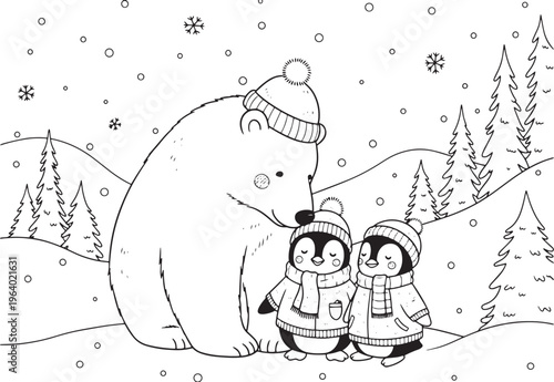 A heartwarming winter scene with a giant bear and two children
