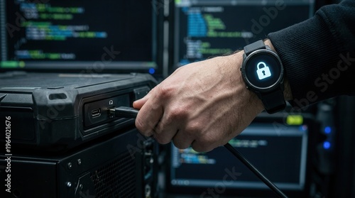 Hand Plugging In Network Cable While Wearing Smartwatch Displaying Secure Padlock Icon
