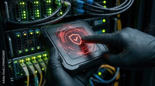 IT Professional Holding Secure Device With Glowing Red Shield Icon In Data Center
