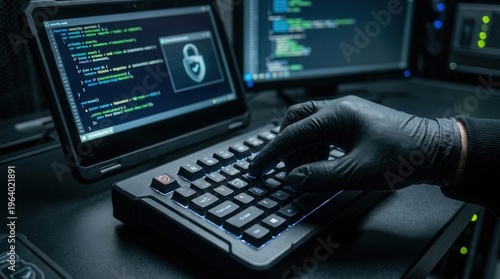 Cyber hand In Black Gloves Typing On Laptop With Security Padlock Screen.
