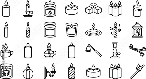 Candle Icons Collection: An extensive collection of candle icons in various styles, showcasing the diversity of candle designs, from classic tapers to ornate candelabras.