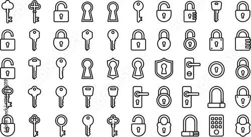 Keys and Locks Collection: A comprehensive compilation of keys and locks in various styles and designs, perfect for illustrating concepts of security, access, and protection.