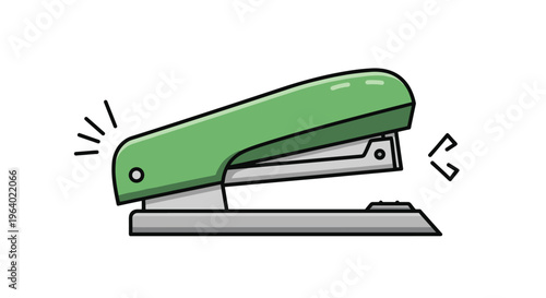 Green office stapler tool for binding paper documents and office reports isolated on white background in flat design style.