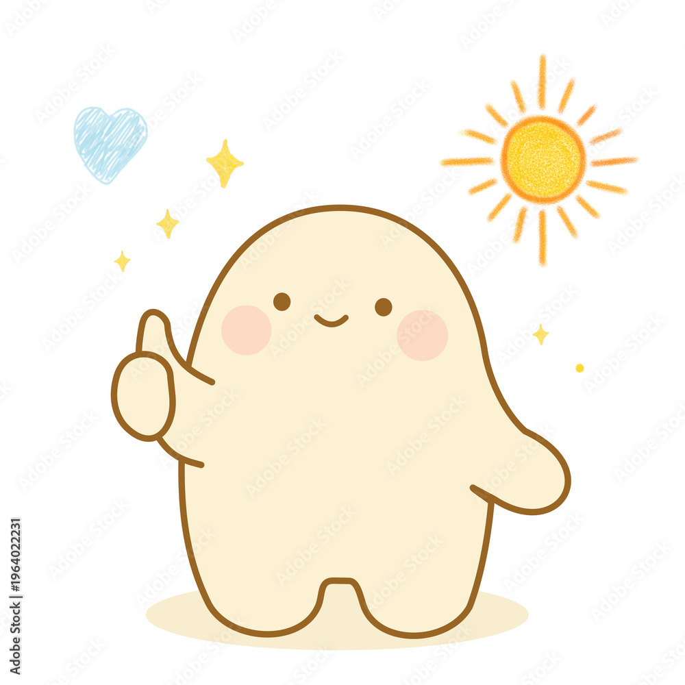Obraz premium Cute Ovallie vector character showing thumb up gesture with sun and heart, success and good mood concept.