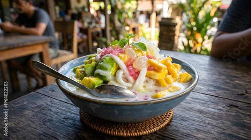 A vibrant bowl of Indonesian Es Campur dessert with avocado, jackfruit, and sago pearls on a rustic wooden table in an outdoor cafe setting.