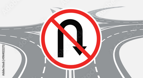 Red and white circular traffic sign prohibiting u-turns positioned against a blurred highway interchange background for safety.