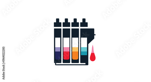 Printer ink supply system showing four primary color tanks with a single red droplet representing professional printing quality.