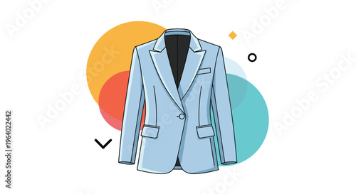 Elegant light blue tailored women blazer jacket displayed against colorful abstract shapes for fashion and professional style.