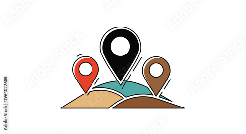 Multiple colorful map pin location markers placed on a landscape of hills representing geography, navigation, and destinations.