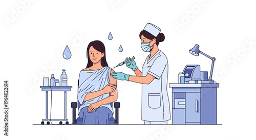 Illustration of a female patient receiving a vaccination from a healthcare professional wearing a mask, depicting a vector graphic of medical care and health awareness