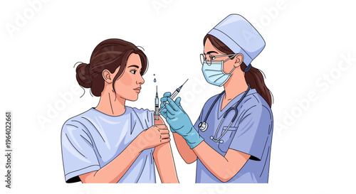 Vector illustration of a medical professional administering a vaccination shot to a female patient, emphasizing public health and immunization efforts against viral diseases