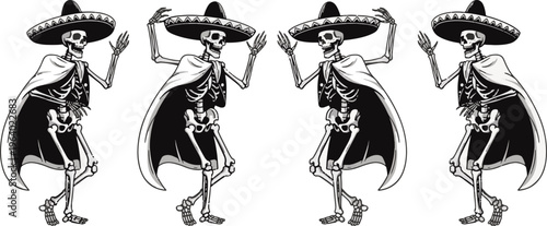 Four skeleton mariachi musicians in sombreros playing instruments