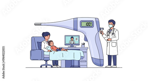 Vector illustration showing a healthcare professional using a digital thermometer for a child's medical check, symbolizing modern pediatric care, health monitoring, and wellness