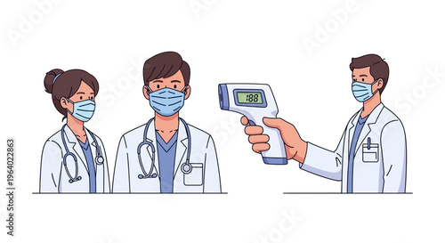 Healthcare professionals wearing masks taking temperature readings with a digital thermometer, vector illustration