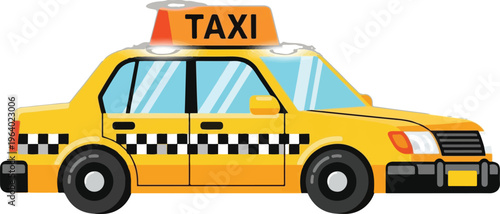 A cheerful yellow taxi cab driving through a bustling city, its black and white checkered pattern standing out brightly against the urban backdrop Vector
