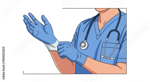 Vector illustration depicting a healthcare professional carefully donning a single disposable protective glove, emphasizing safety and hygiene in medical procedures