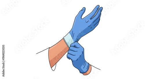 Vector illustration of a person putting on a disposable blue medical glove, emphasizing hygiene and safety procedures for healthcare professionals