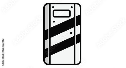 Heavy duty protective riot shield with black and white stripes and a viewing window for police and law enforcement safety.