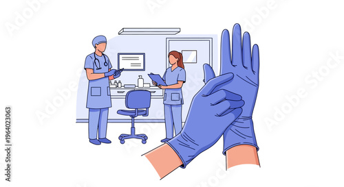 Vector Illustration of Medical Professionals Wearing Blue Disposable Gloves in a Clinic Setting