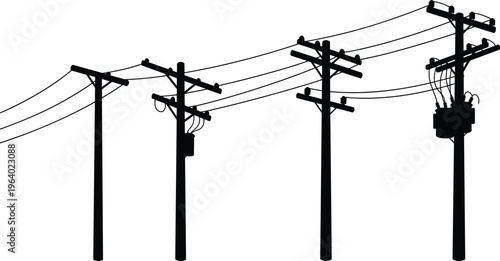 Electric power pole vector drawing, utility cable silhouette, detailed transformer illustration, overhead electrical line, CAD engineering sketch, black flat design