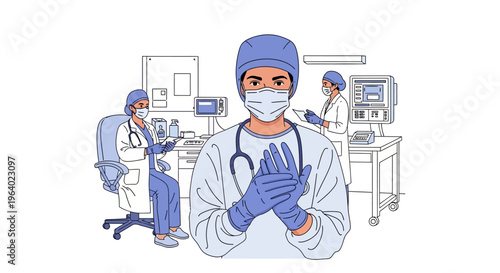 Vector illustration of medical professionals in a hospital setting, wearing masks and gloves, symbolizing healthcare and dedication during a pandemic