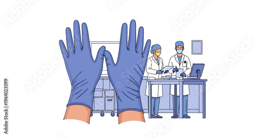Vector illustration Hands wearing blue disposable protective gloves, symbolizing essential hygiene and safety protocols in a healthcare setting, with medical professionals at work
