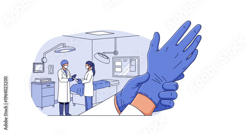 Vector art Medical staff putting on blue sterile gloves in an operating room, highlighting healthcare safety, preparation, and patient examination