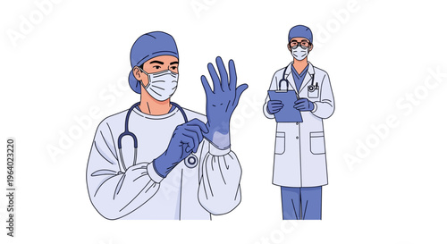 Vector illustration of medical professionals preparing for a patient examination. A doctor carefully dons sterile gloves, demonstrating procedural readiness for healthcare