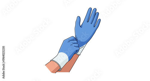 Detailed Vector illustration showing hands donning protective blue disposable gloves, emphasizing safety protocols and hygiene practices in various professional environments