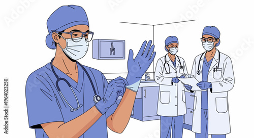 Vector illustration of medical professionals preparing for a procedure in a hospital setting, highlighting essential healthcare workers and dedicated patient care