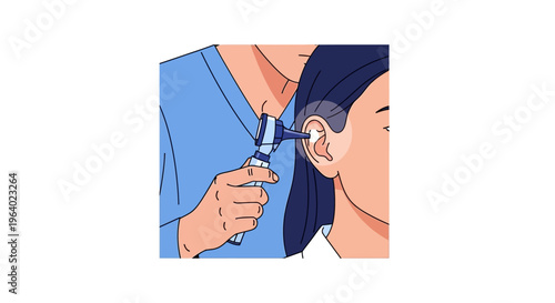 Vector Illustration of a Doctor Performing an Ear Examination with an Otoscope on a Patient's Ear for Medical Consultation