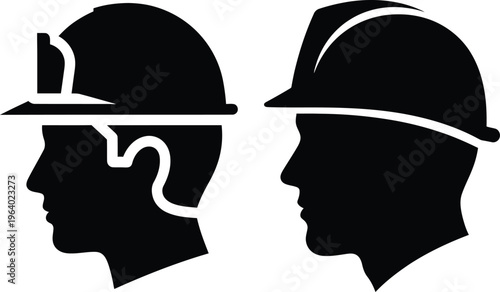 Construction worker and engineer profile silhouette icons set with hard hat or safety helmet.