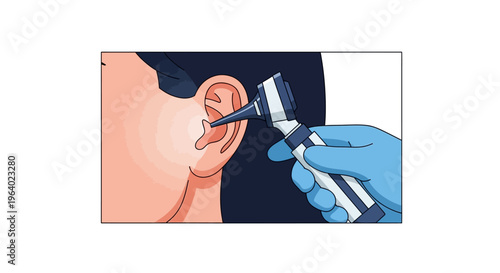 Vector Illustration of an Otoscope Examination of the Ear, Demonstrating Medical Professional's Disposable Glove Hand Holding the Instrument